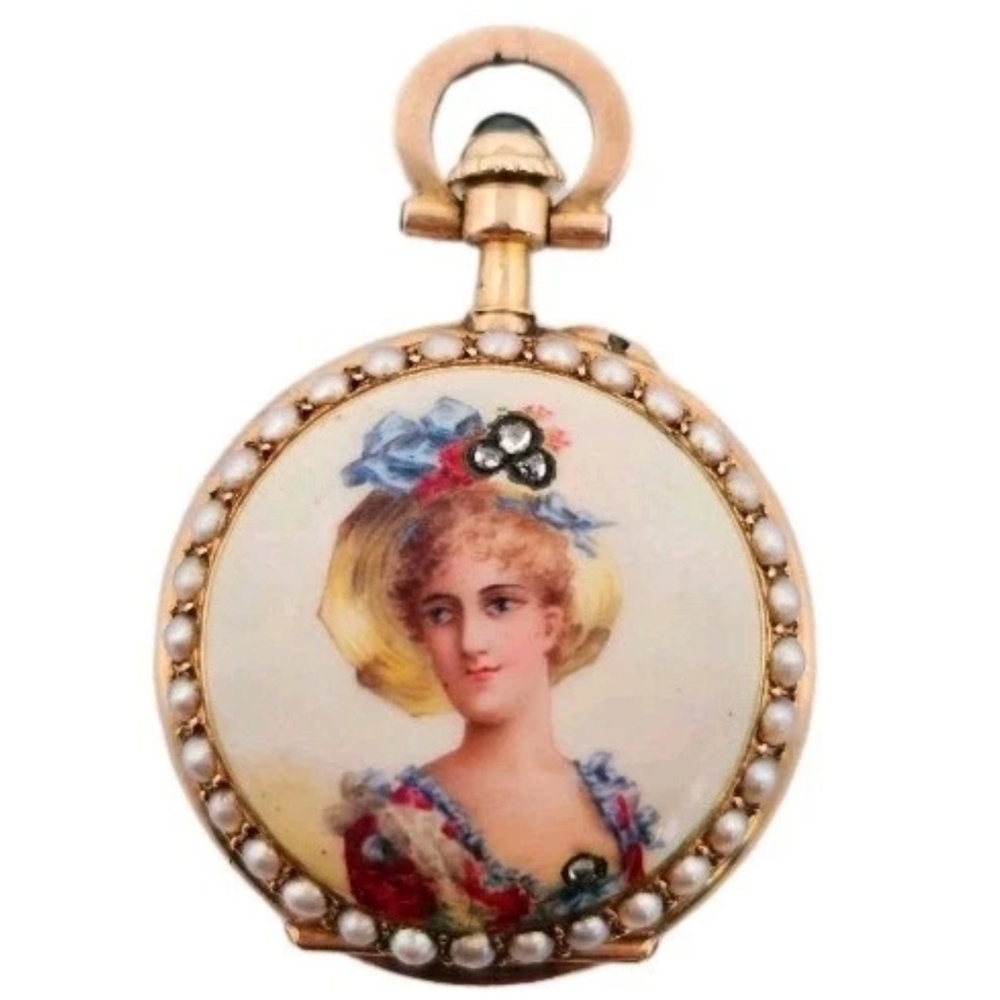 Antique 18k Gold Diamond Pearl Enamel Pendant Pocket Watch- Estate
